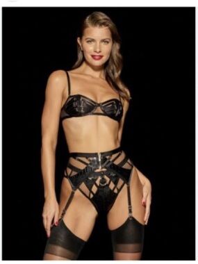 Honey Birdette Mistress T Black Strappy Bra & Panty & Garter Set